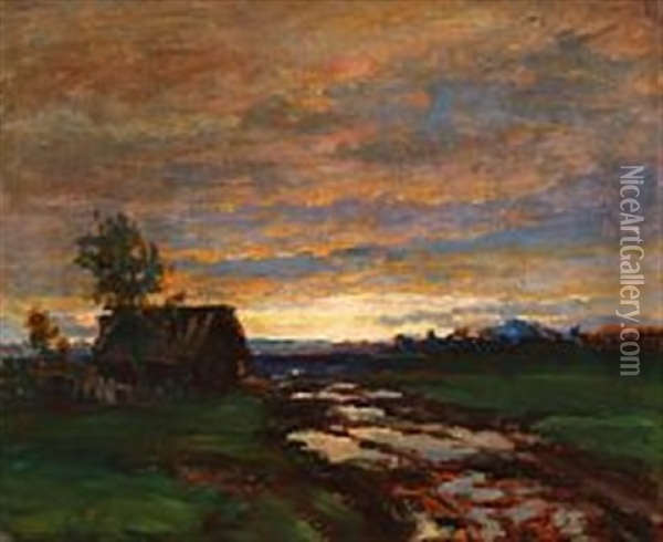 Sunset Over A Russian Farm House Oil Painting - Vladimir Nikolaevich Pchelin