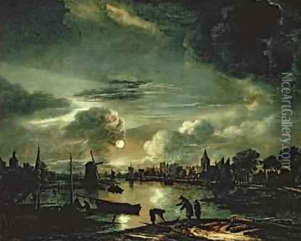 Canal Scene by Moonlight 1645-50 Oil Painting - Aert van der Neer