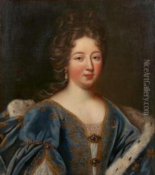 A Portrait Of A Lady In An Ornate Blue Gown With Fur Trimmed Cape Oil Painting - Alexander Roslin