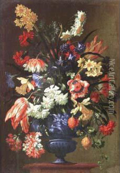 Bouquet De Fleurs Dans Un Vase Pose Sur Un Piedestal Oil Painting - Bartolome Perez