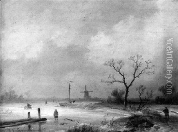 Figures In A Winter Landscape Oil Painting - Johannes Franciscus Hoppenbrouwers