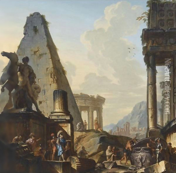 Capriccio Of Classical Ruins With Alexander The Great Opening The Tomb Of Achilles Oil Painting - Giovanni Niccolo Servandoni
