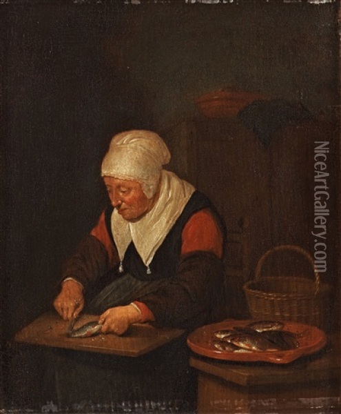 Kvinna Rensandes Fisk Oil Painting - Quiringh Gerritsz van Brekelenkam