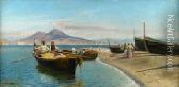 A View Of Naples With Vesuvius Beyond Oil Painting - Edoardo Monteforte