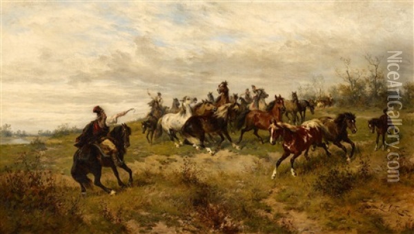 Pferdetrieb In Podolien Oil Painting - Ludwig Gedlek