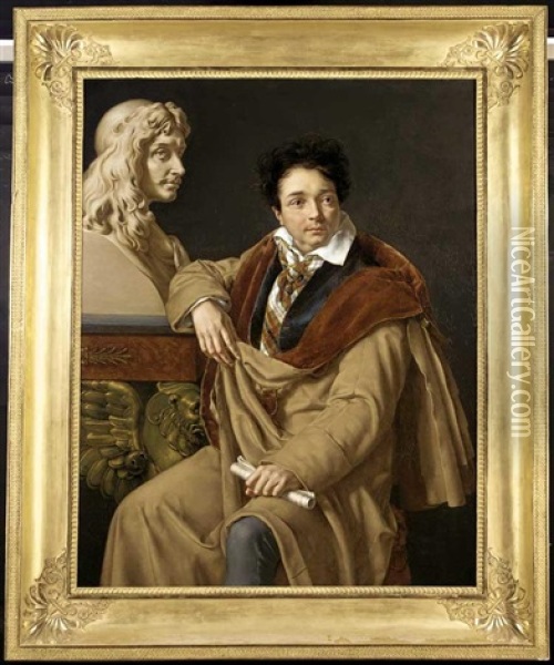 Portrait Of A Man (the Actor Armand-benoit Roussel?) With The A Bust Of Moliere In The Background Oil Painting - Isidore Pean Du Pavillon