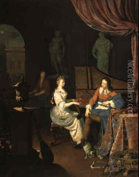 A Woman Playing The Harpsichord With A Man Seated Nearby Oil Painting - Frans van Mieris the Younger