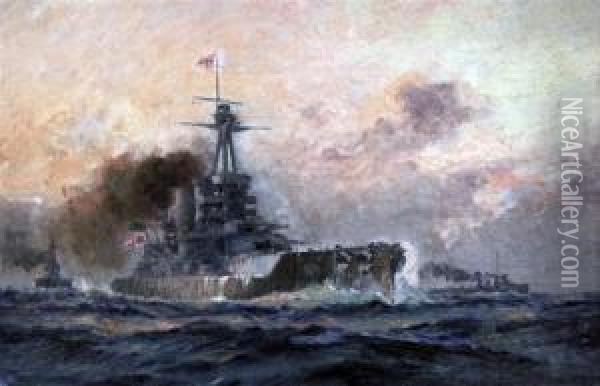 Hms Iron Duke, At The Battle Of Jutland, Admiral Lord Jellico'sflagship, Inscribed Verso With Title And 'by Charles De Lacy-artistto The Admiral' Oil Painting - Charles John de Lacy