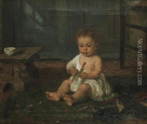 Barn Med Flaska Oil Painting - Hugo Oehmichen