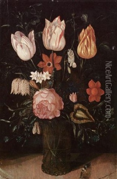 A Rose, Tulips, Forget-me-nots And Other Flowers In A Glass Vase On A Ledge With A Butterfly Oil Painting - Ambrosius Bosschaert the Elder