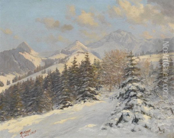 Dent De Jaman Und Rocher De Naye Im Schnee Oil Painting - Vincent Gilliand