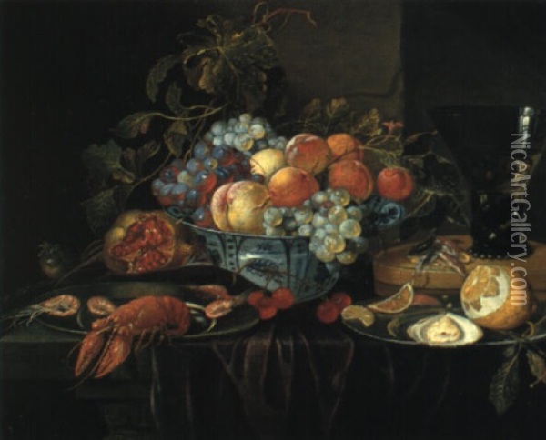 Peaches And Grapes In A Bowl, Crayfish And Other Food On A Draped Table Oil Painting - Jan Davidsz De Heem