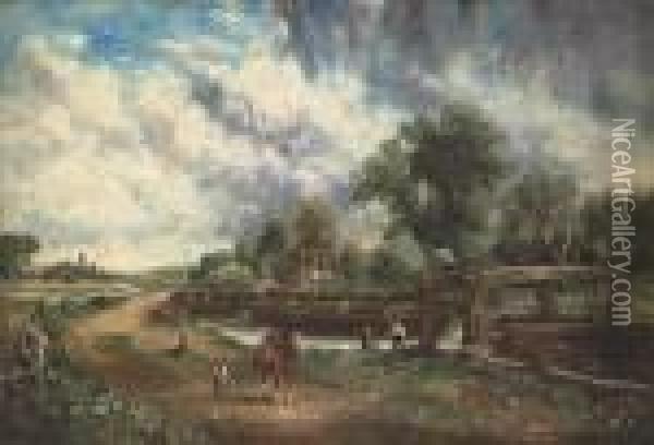 View On The Stour Near Dedham With Flatford Lock And Oldbridge Oil Painting - John Constable