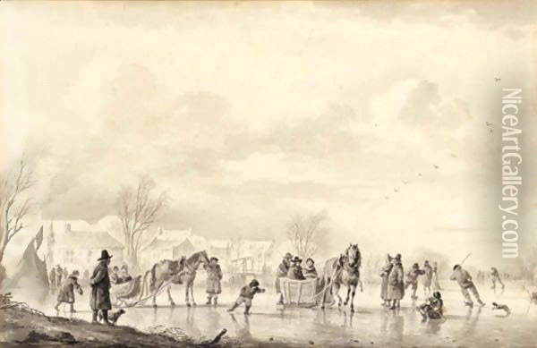 Winter Landscape With Skaters And Horse-Drawn Sledges On The Ice, A Village Beyond Oil Painting - Andries Vermeulen