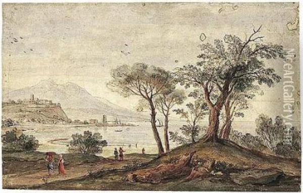Landscape With Trees And Figures
 Near A Coastline, The Buildings Of A Small City And A Port In The 
Background. Oil Painting - (circle of) Wittel, Gaspar van (Vanvitelli)