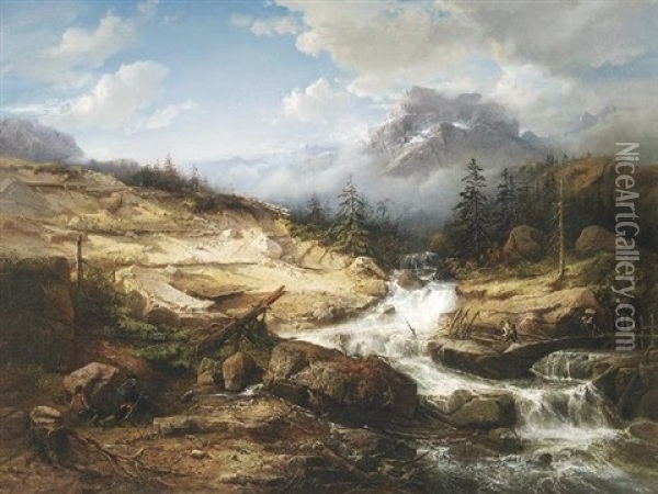 Schmuggler An Einem Reisenden Gebirgsbach Oil Painting - Jacob Jacobs