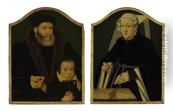 Portrait Of A Gentleman And His Son (+ Portrait Of A Lady; Pair) Oil Painting - Bartholomaeus (Barthel) Bruyn the Younger