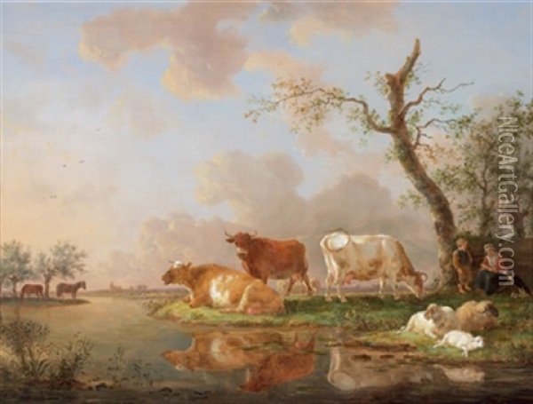 Hirten Mit Herde Am Ufer Eines Flusses Oil Painting - Jean-Baptiste De Roy