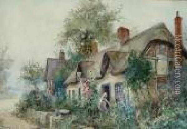 Tending To The Garden; Figures On A Village Path Oil Painting - Joseph Hughes Clayton