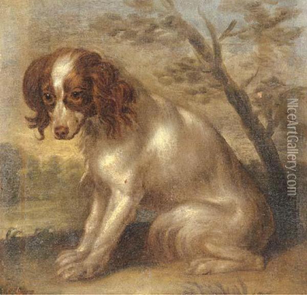 A King Charles Spaniel In A Landscape Oil Painting - Charles Collins