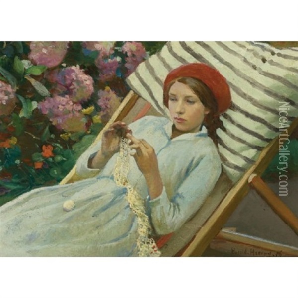 Girl With A Red Hat Oil Painting - Harold Harvey