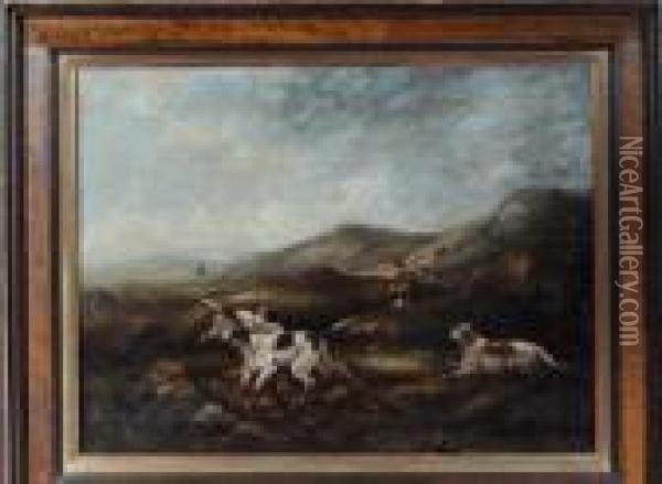 A Sportsman And Three Gun Dogs On A Moor Oil Painting - William Elsob Marshall