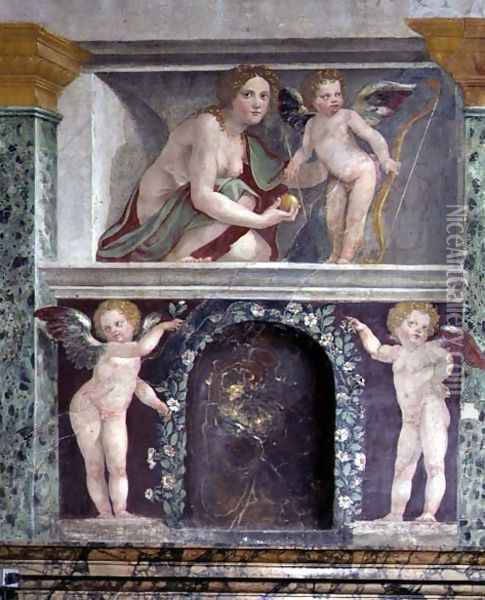 The Sala delle Prospettive Hall of Prospective detail of trompe loeil niche depicting Venus and Cupid, 1518-19 2 Oil Painting - Baldassare Peruzzi
