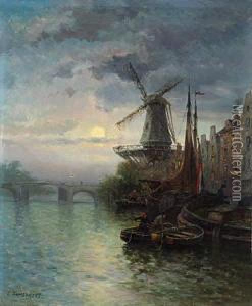 Havenzicht Bij Maneschijn Oil Painting - Louis Timmermans