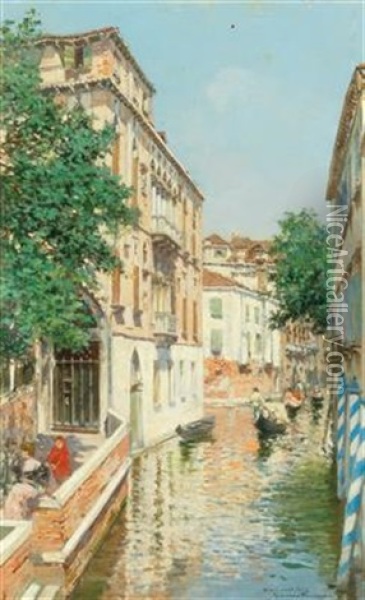 Gondolas On A Venetian Canal Oil Painting - Raffaele Tafuri