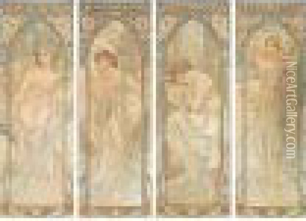 Heures Du Jour; Eveil Du Matin; 
Eclat Du Jour; Reverie Du Soir; And Repos De La Nuit (academy Editions 
P28-31) Oil Painting - Alphonse Maria Mucha