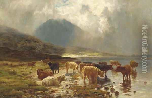 Highland cattle watering by a loch Oil Painting - Louis Bosworth Hurt