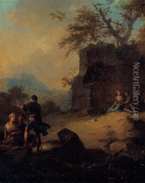 A Landscape With Soldiers And Peasants Amongst Ruins Oil Painting - Franz de Paula Ferg