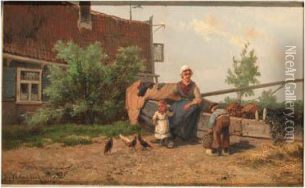 Fisherfamily In A Yard Oil Painting - Johannes Hermann Barend Koekkoek
