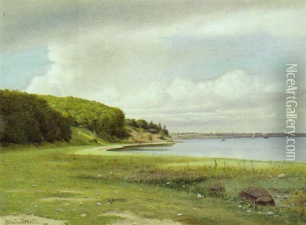 Traeklaedte Skraenter Ned Til En Fjord, I Baggrunden By (arhus?) Oil Painting - Julius Petersen