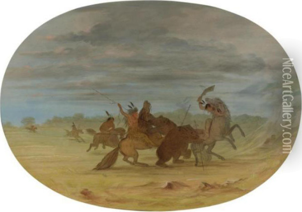 Indians Hunting The Grizzly Bear Oil Painting - George Catlin
