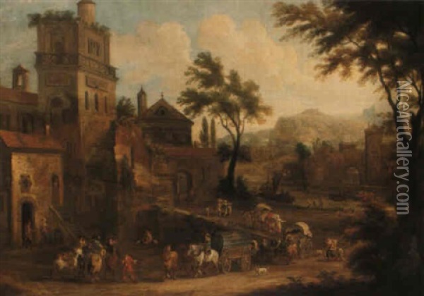 River Landscape With Riders And Covered Waggons Leaving A Town Oil Painting - Mathys Schoevaerdts