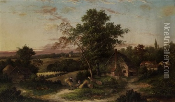 Gathering Hay By The Cottage Oil Painting - William Henry Yates