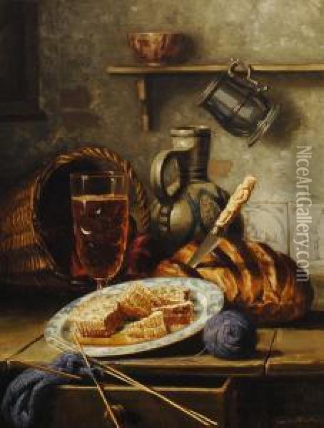 Still Life With Foods And Knitwork Oil Painting - Hermann Jacob Van Der Voort In De Betouw