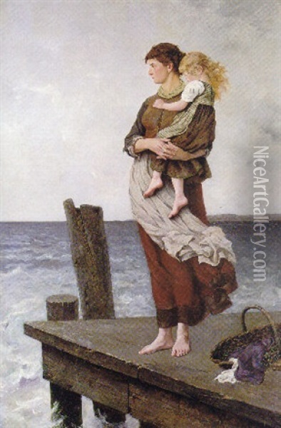 Waiting Oil Painting - August Vilhelm Nikolaus Hagborg