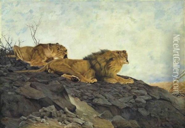 Lion And Lioness In A Rocky Landscape Oil Painting - Wilhelm Friedrich Kuhnert