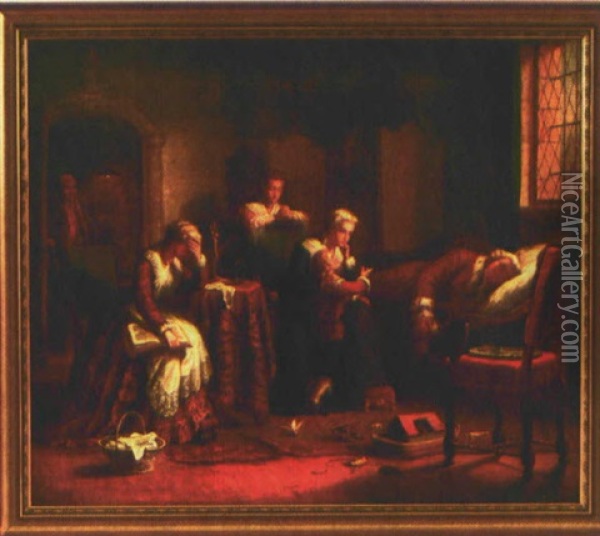 Der Schlafende Konig Ludwig Xvi Umgeben Von Seiner Familie In Gefangenschaft Im Tempel 1793 Oil Painting - Edward Matthew Ward