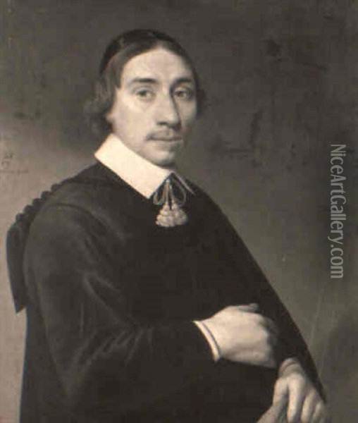 Portrait Of A Gentleman, Aged 28, Standing Half-length, Wearing A Black Coat Oil Painting - Anthonie Palamedesz