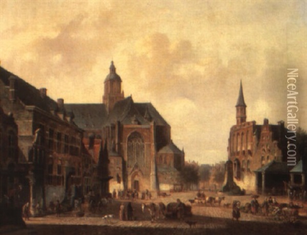 A Busy Day On A Town Square Oil Painting - Cornelis de Kruyff