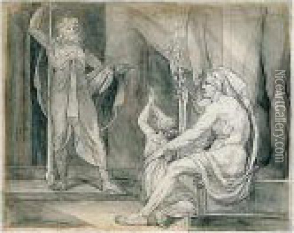 Inscribed In Greek Along Right 
Border:themistocles And Along Left: Q.e.; Inscribed (in The Hand Of 
Dawson Turner) Themistocles At The Court Of Admetus/original Drawing By 
Mr Fuseli/given Me By Mr.roscoe In 1825 On The Reverse Oil Painting - Johann Henry Fuseli