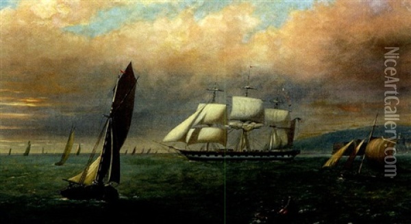 American Frigate In A Harbor Oil Painting - John O'Brien Inman