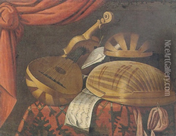Still Life Of Musical Instruments On A Table Draped With A Carpet, A Drawn Curtain Above Oil Painting - Evaristo Baschenis