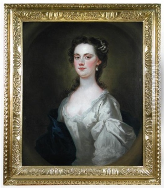 Portrait Of Mary Thompson, Half Length, In White With Pearls In Her Hair Oil Painting - John Vanderbank the Younger