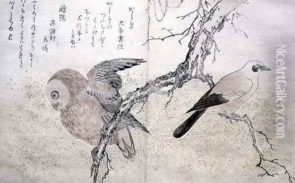 Jay on the right and an Owl on the left, from an album Birds compared in Humorous Songs, 1791 Oil Painting - Kitagawa Utamaro