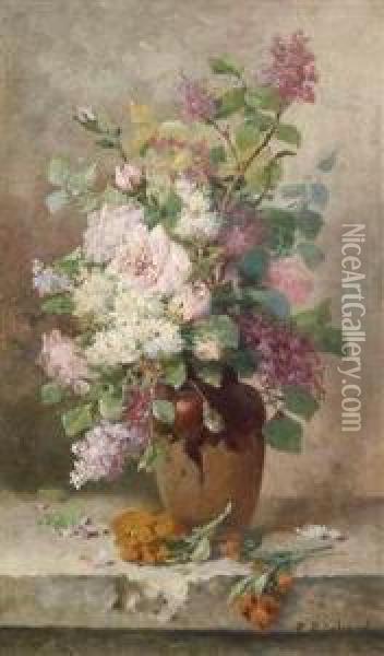 Lilac And Roses In A Vase Oil Painting - Pierre Louis Richard