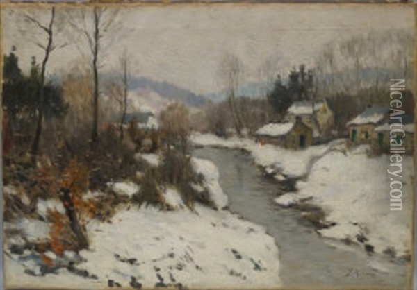 Mountain River Landscape With A Village In Winter Oil Painting - Jaime Morera i Galicia